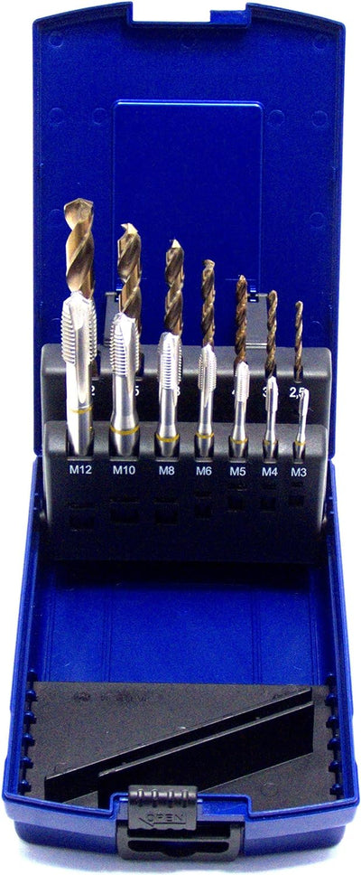 WSH-TOOLS Maschinengewindebohrer Set 14-teilig M3 - M12 HSSE-Co5 DIN 371 Durchgangsloch Gelbring ink