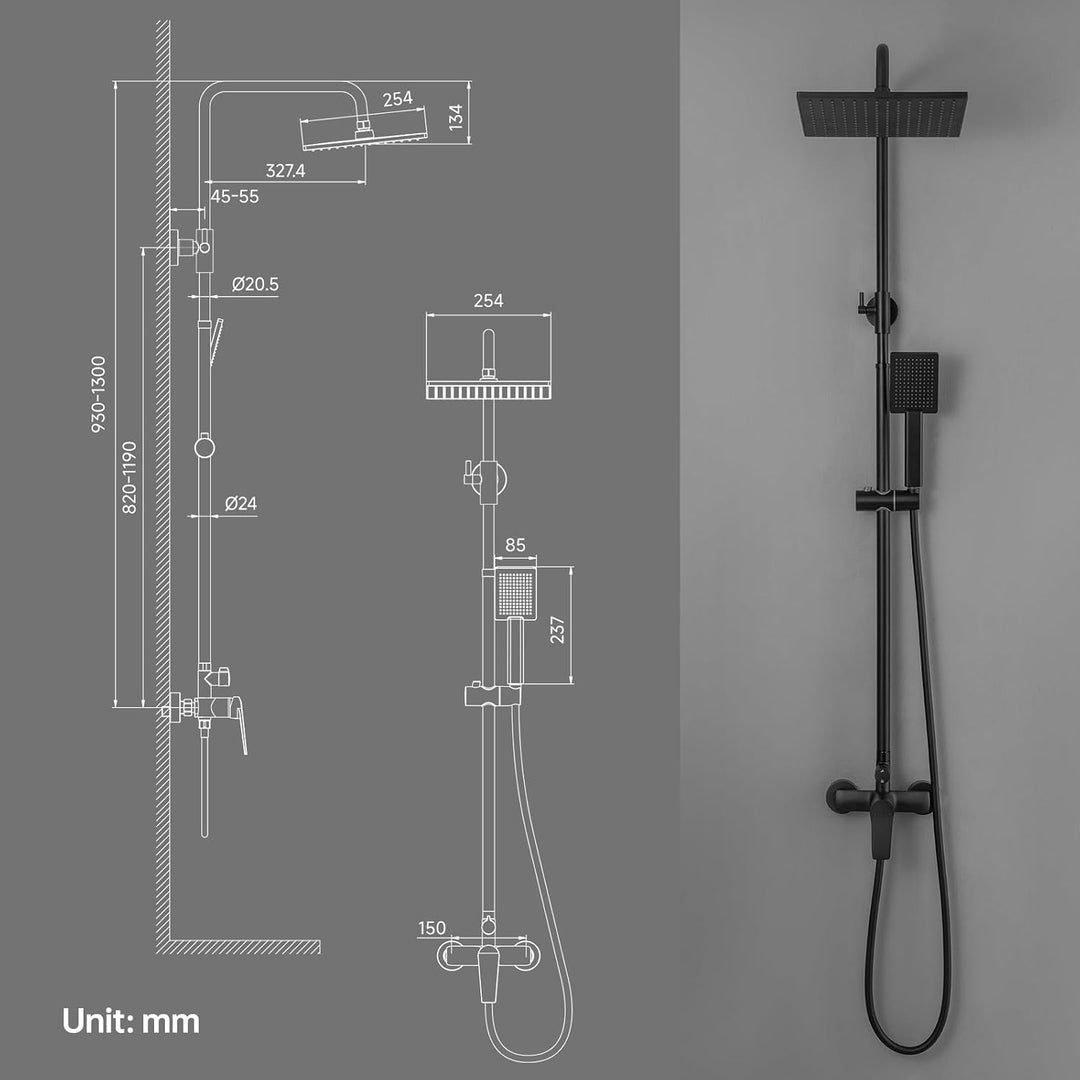 Duscharmatur Schwarz, Auralum Duschsystem Höhenverstellbar 90-120cm, Duschamaturenset mit 11 Inch Re