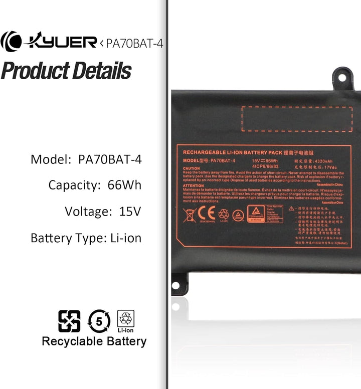 K KYUER 66Wh PA70BAT-4 Laptop Akku für Powerspec 1710 Medion Erazer X7855 X7857 X7859 Sager NP8370 N