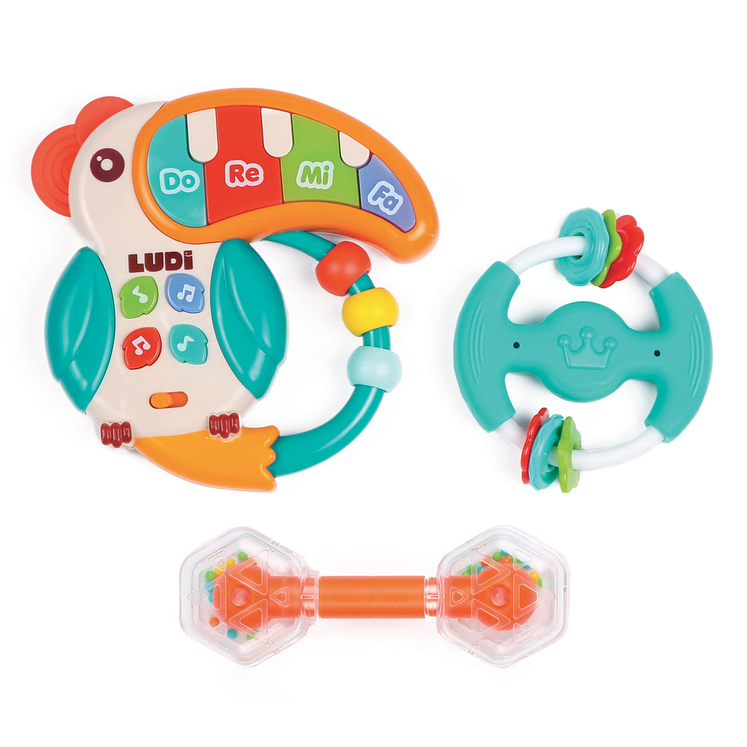 LUDI Musik-Set — Spielzeug zum Erwachen des Babys — ab 3 Monaten — fördert Feinmotorik, Entdeckungsr
