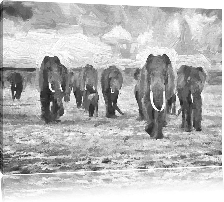 Pixxprint Elefanten Familie in der Savanne als Leinwandbild/Grösse: 100x70 cm/Wandbild/Kunstdruck/fe