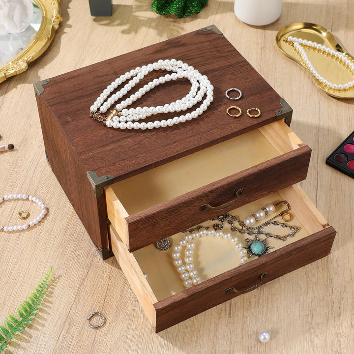Ciieeo Vintage Schreibtisch Organizer aus Holz, Retro Aufbewahrungsbox mit 2 Schubladen und Metall-E