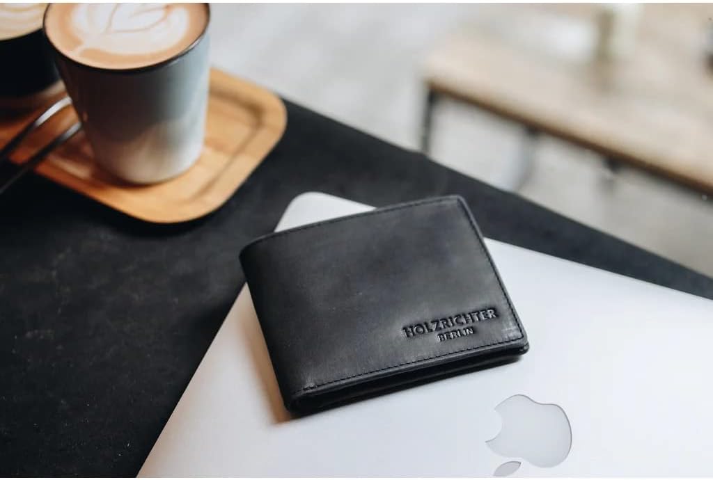 HOLZRICHTER Berlin Geldbörse Klein - Handgefertigtes Portemonnaie aus Leder für Herren Quer - Schwar