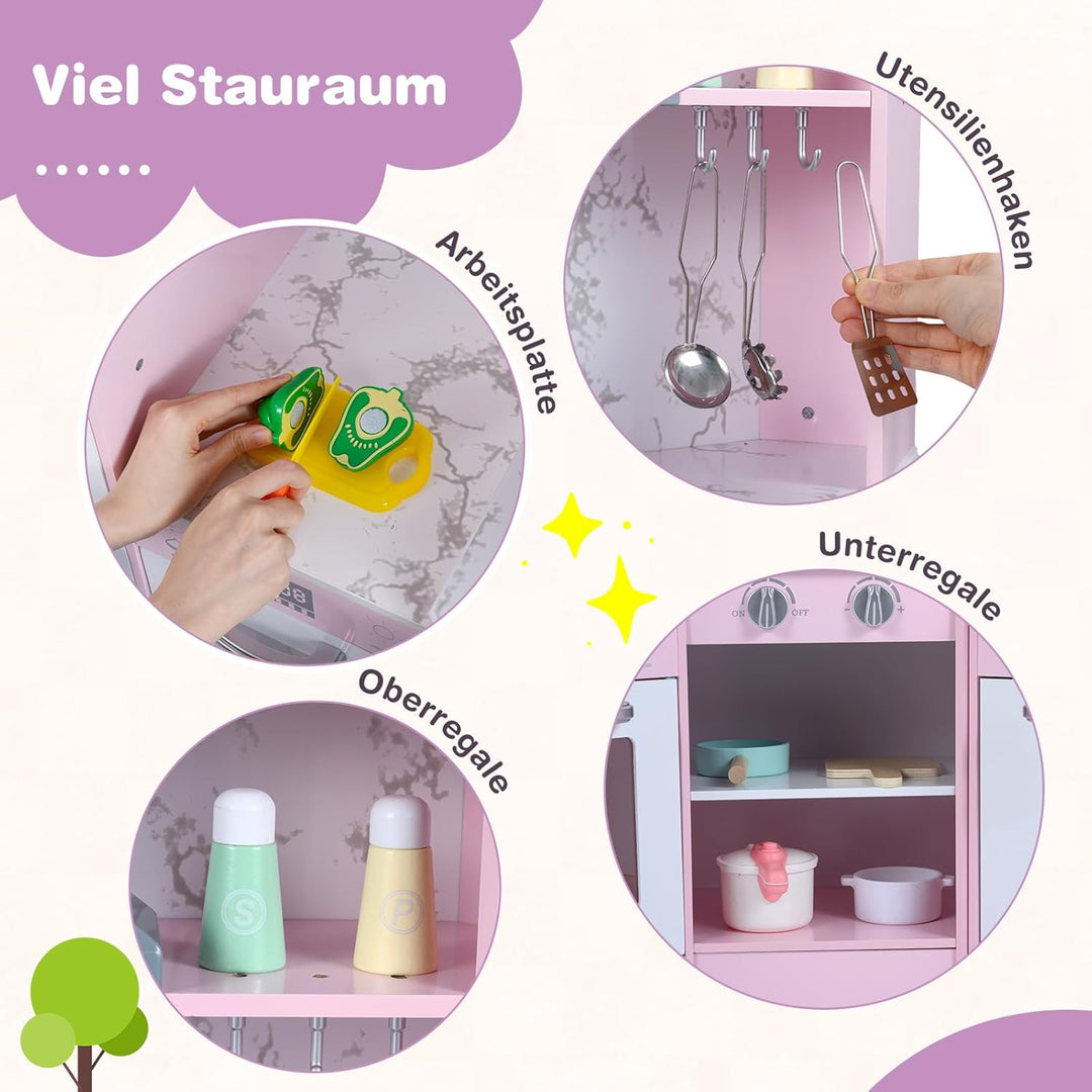 COSTWAY Kinderküche Holz, Spielküche Eck mit Licht und Sound, Holzküche mit Tafel & Spüle & Ofen, in