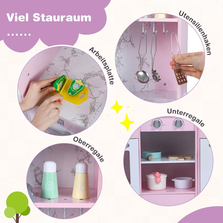 COSTWAY Kinderküche Holz, Spielküche Eck mit Licht und Sound, Holzküche mit Tafel & Spüle & Ofen, in