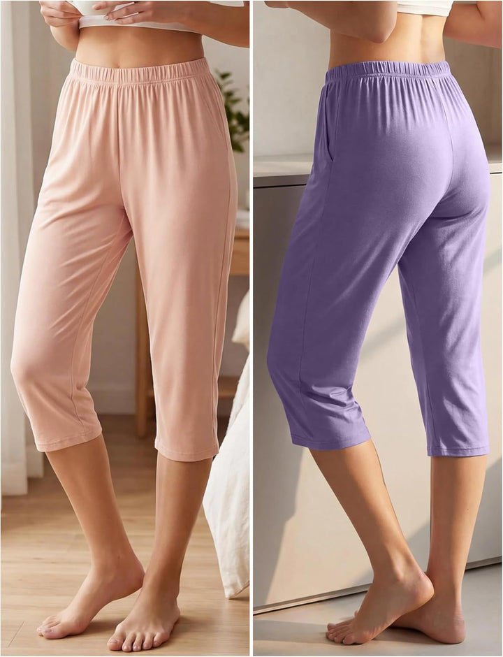 MoFiz Damen Schlafanzughose 3/4 Lang Schlafhose Modal Nachtwäsche Weich Pyjamahose Freizeithose mit
