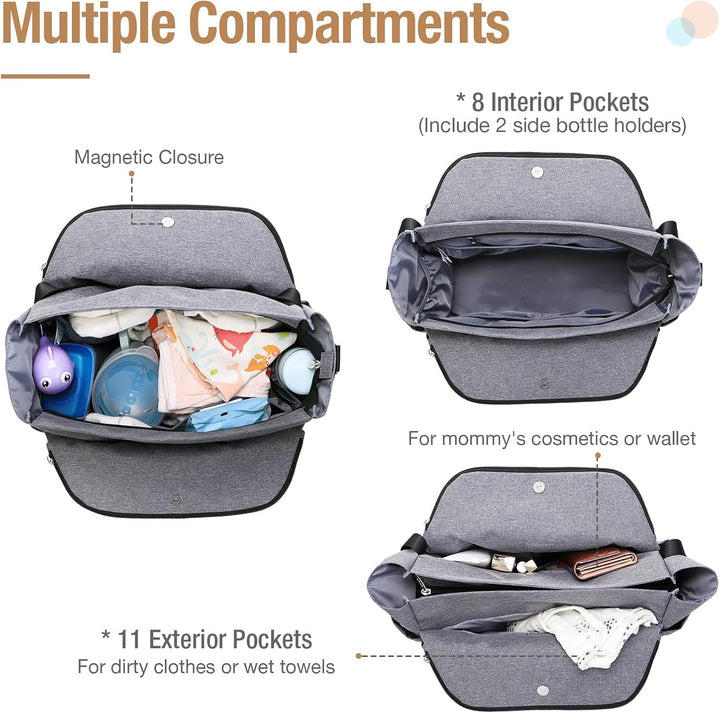 Lekebaby Baby Wickeltasche Bote gross mit Wickelunterlage für Reise, Grau Gesteppt, Grau Gesteppt