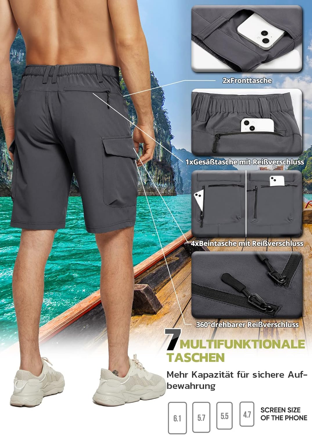 Hiauspor Wanderhose Herren Kurz MTB Hose Leichte Schnelltrocknend Cargo Bermuda Chino mit 5 Taschen