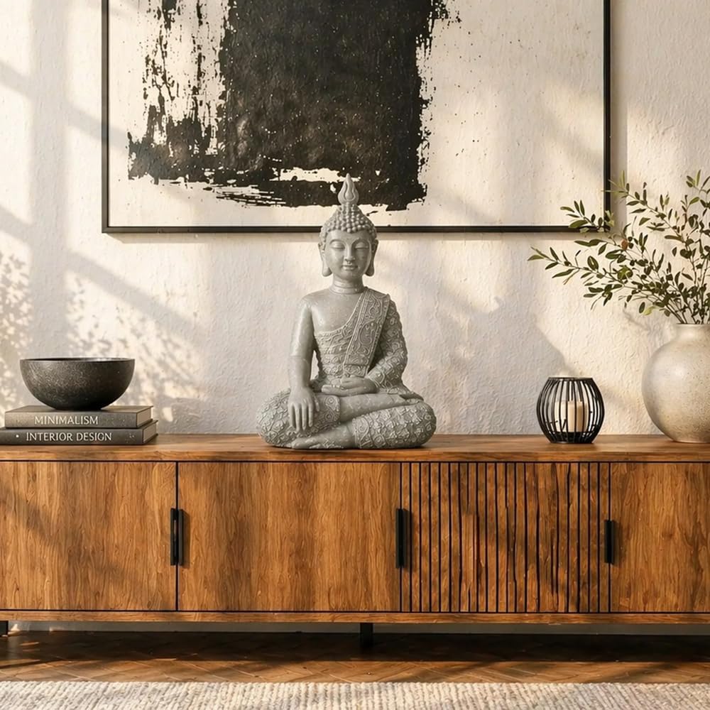 K&L Wall Art Grosse Buddhastatue Beton Grau Kunststein Buddha Feng Shui Deko Figur Garten Statue fro