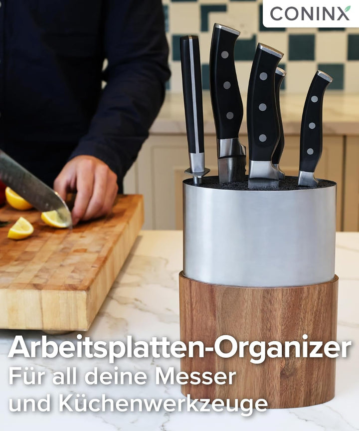 Coninx Messerblock Edelstahl Oval mit Akazieneinsatz – Moderner Universal Messerhalter für Küchenarb