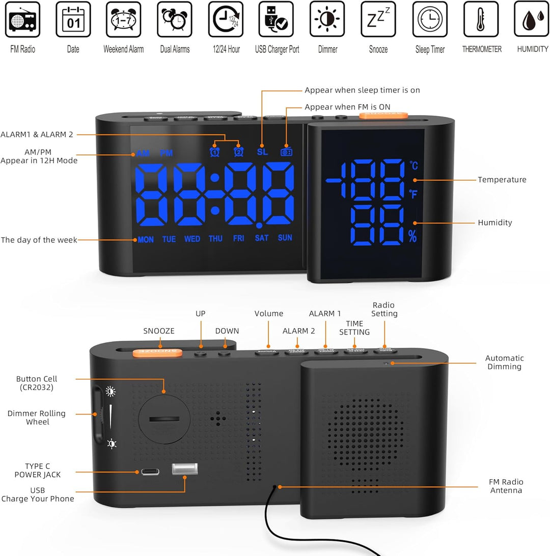 Lancoon Digitaler Radiowecker 6'' Spiegel LED Uhr mit Luftfeuchtigkeit und Temperatur Duale Alarmein