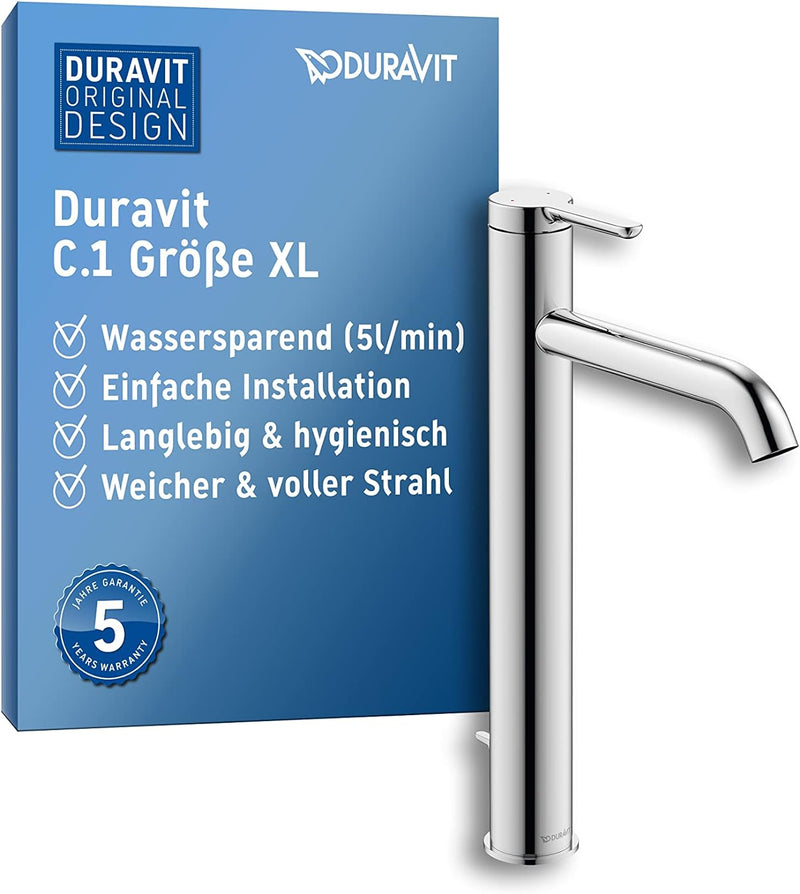 Duravit C.1 Waschtischarmatur, Grösse XL (Auslauf Höhe 233 mm). Wasserhahn Bad mit Zugstangen-Ablauf