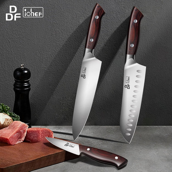DDF iohEF Küchenmesserset 3 tlg, Messerset Santoku Meser Kochmesser Schälmesser Gemüsemesser Obstmes
