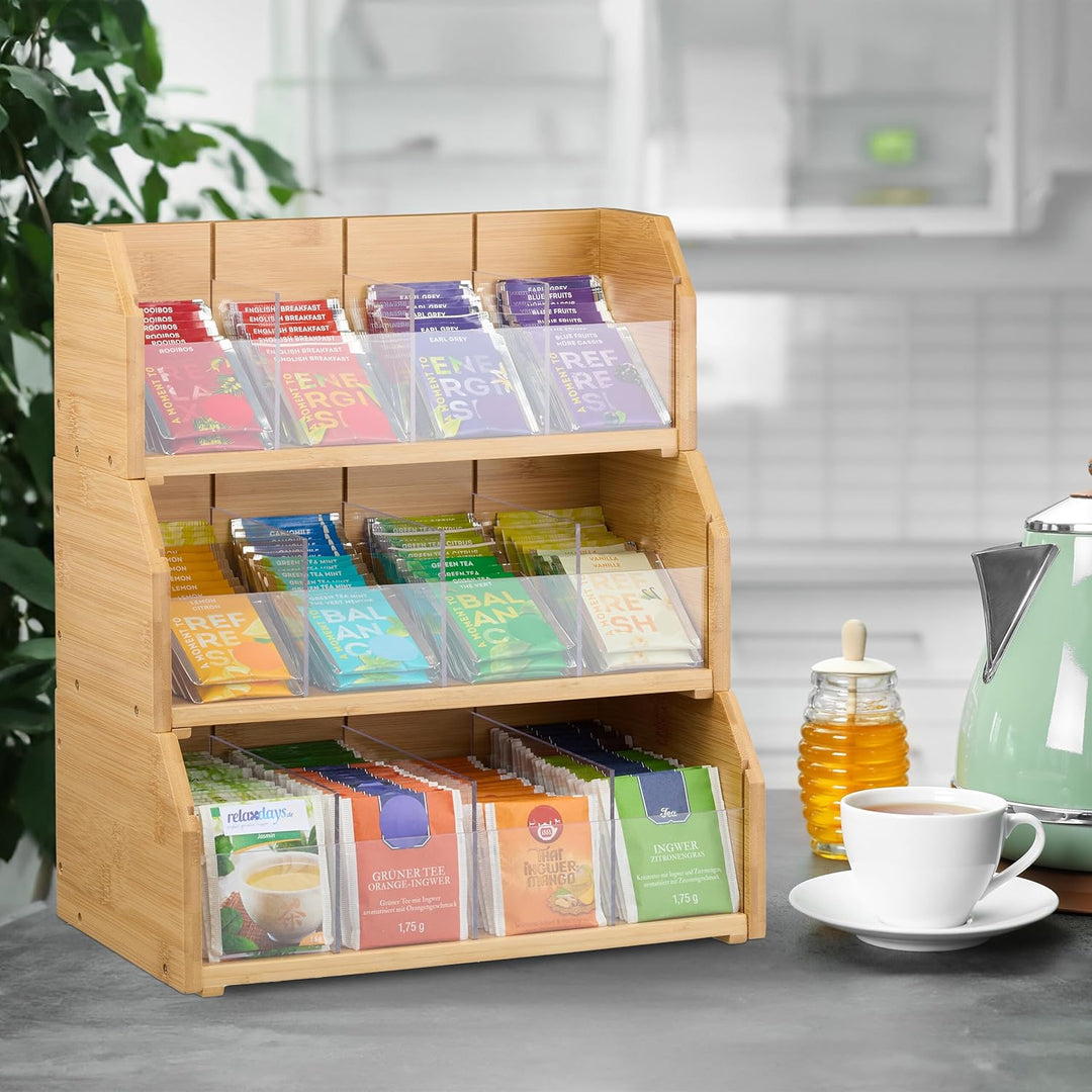 Relaxdays Tee Organizer, 12 Fächer, Bambus, HBT: 36x31x19 cm, Tee & Kaffeepads, Teebeutelbehälter mi