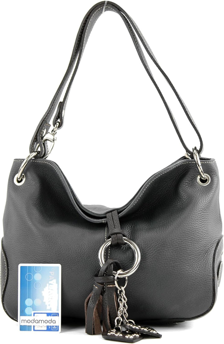 modamoda de - T10 - ital. Leder Schultertasche Umhängetasche Dunkelgrau/Dunkelbraun, Dunkelgrau/Dunk