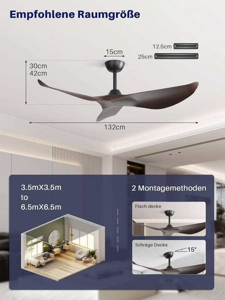 Sofucor Deckenventilator mit Fernbedienung,132cm Leise Deckenventilator ohne Licht, DC Motor, Timer,