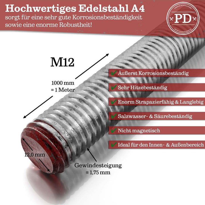 PD® Gewindestangen M12 Edelstahl A4 V4A (DIN 976 / DIN 975) | 1 Meter Gewindestab mit Regelgewinde |