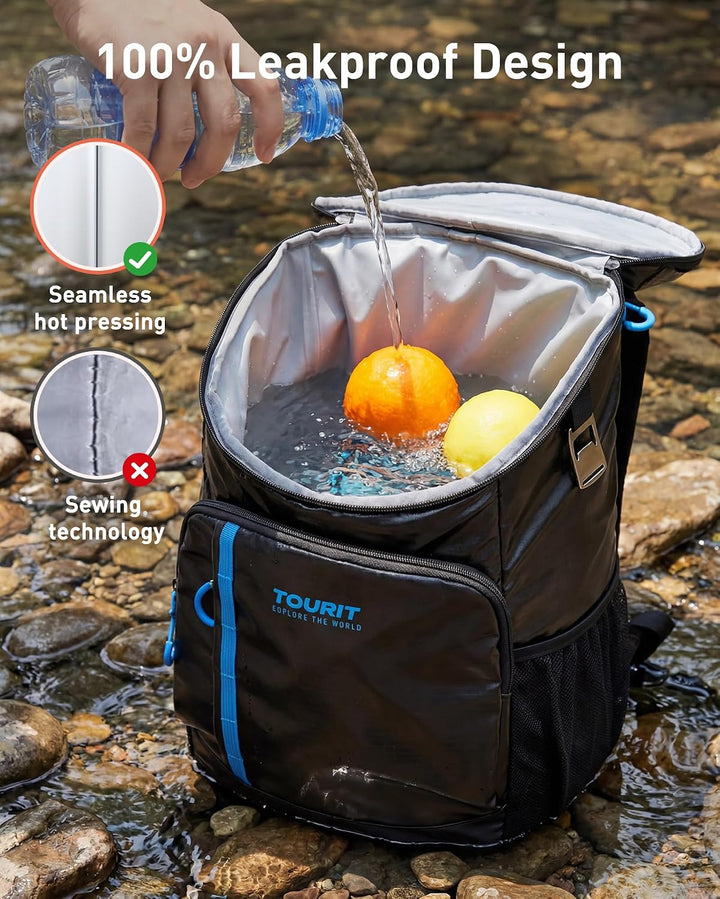 TOURIT Kühler Rucksack Leichter Rucksack 28L mit Flaschenöffner Hält 30 Dosen Dunkle Schwarz, Dunkle