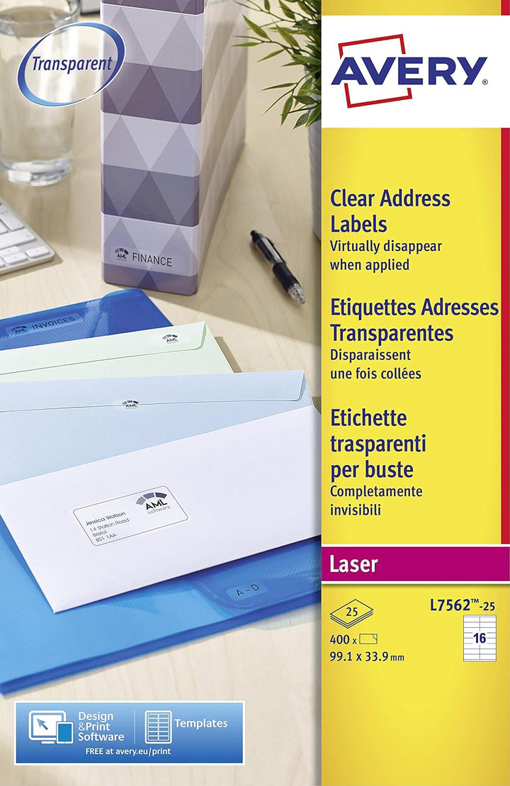 Avery L7562-25 Adressetiketten 16 pro Blatt 99,1 x 33,9 mm 400 Stück transparent