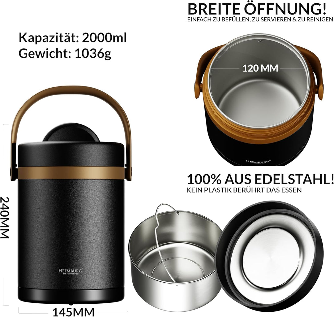 HEEMBURG 2L Thermobehälter Brotdose Edelstahl isolierter Behälterbehälter für warmes Geschirr, Mahlz