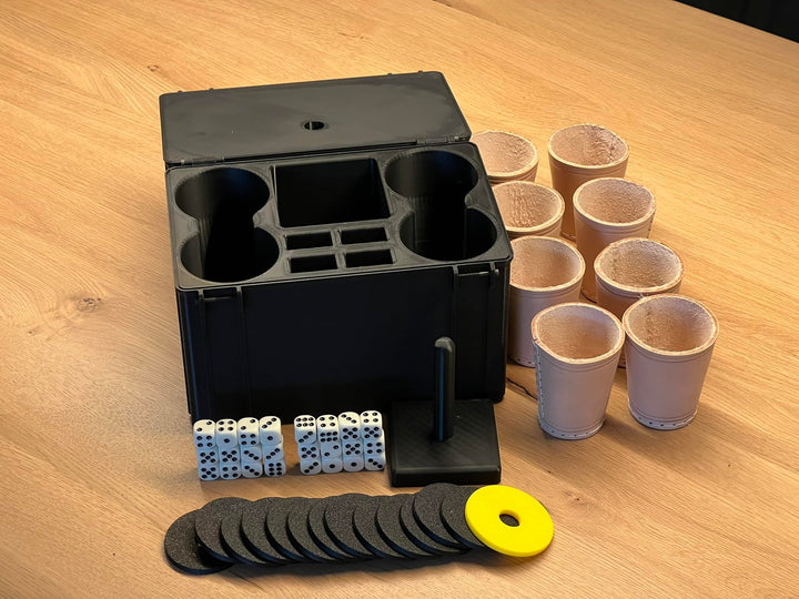 Selfmade Schockbesteck mit Box + Würfel + Becher - Knobelbesteck Schocken Knobeln (Schock Achter, Ge