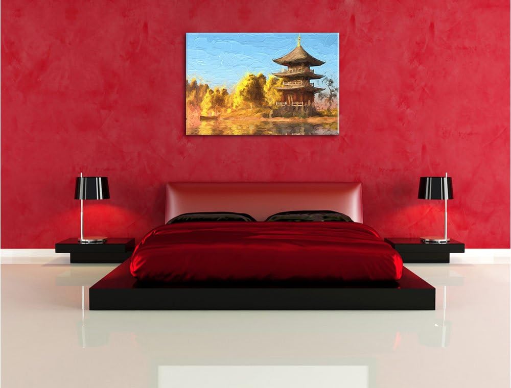 Pixxprint prachtvoller asiatischer Tempel an See Kunst Pinsel Effekt, Format: 100x70 auf Leinwand, 1