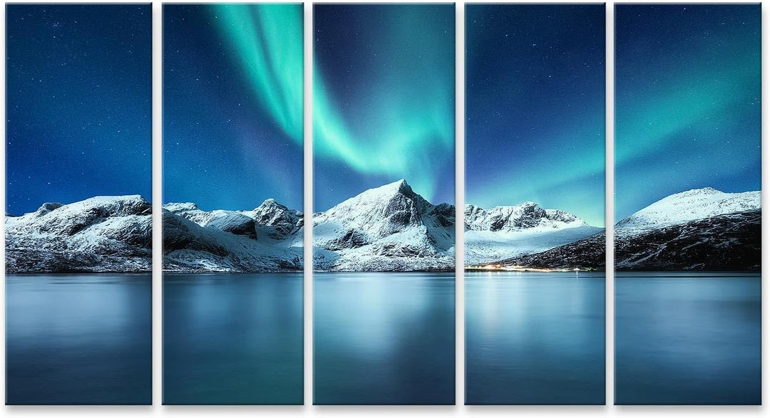 islandburner Leinwandbild Aurora Borealis Lofoten Inseln Norwegen Nordlichter Berge Reflexion Wa - L