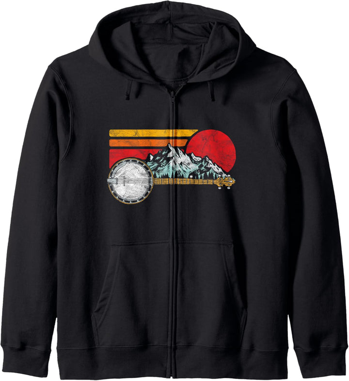 Retro Banjo Mountains & Sun Sketch Surf Style 80's Graphic Kapuzenjacke