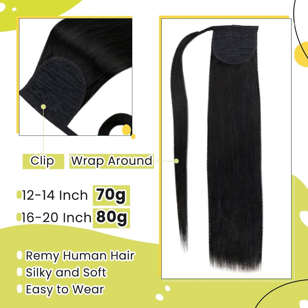 RUNATURE Zopf Echthaar Schwarz 40cm Clip in Ponytail Extension Echthaar Zopf Haarverlängerung Pferde