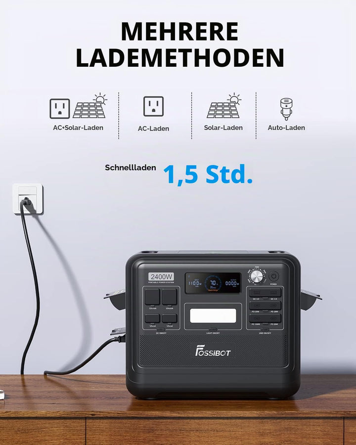 FOSSiBOT F2400 2048Wh/640000mAh Tragbare Powerstation, Solar Generator LiFePO4, 3x230V AC Outputs 24