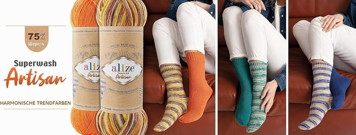Alize 5x 100g Superwash Artisan Türkische Premium Sockenwolle Wolle 75% SW Wool - 25% Polyamide Hand