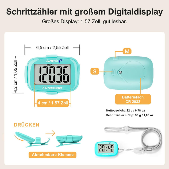 AVTREK Präziser 3D-Schrittzähler Mini-Schrittzähler für Walking oder Laufen im Freien Wanderaktivitä