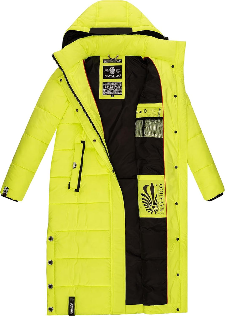 Navahoo Damen Wintermantel Warmer Steppmantel lang mit Abnehmbarer Kapuze Isalie XS-3XL M Neon Green