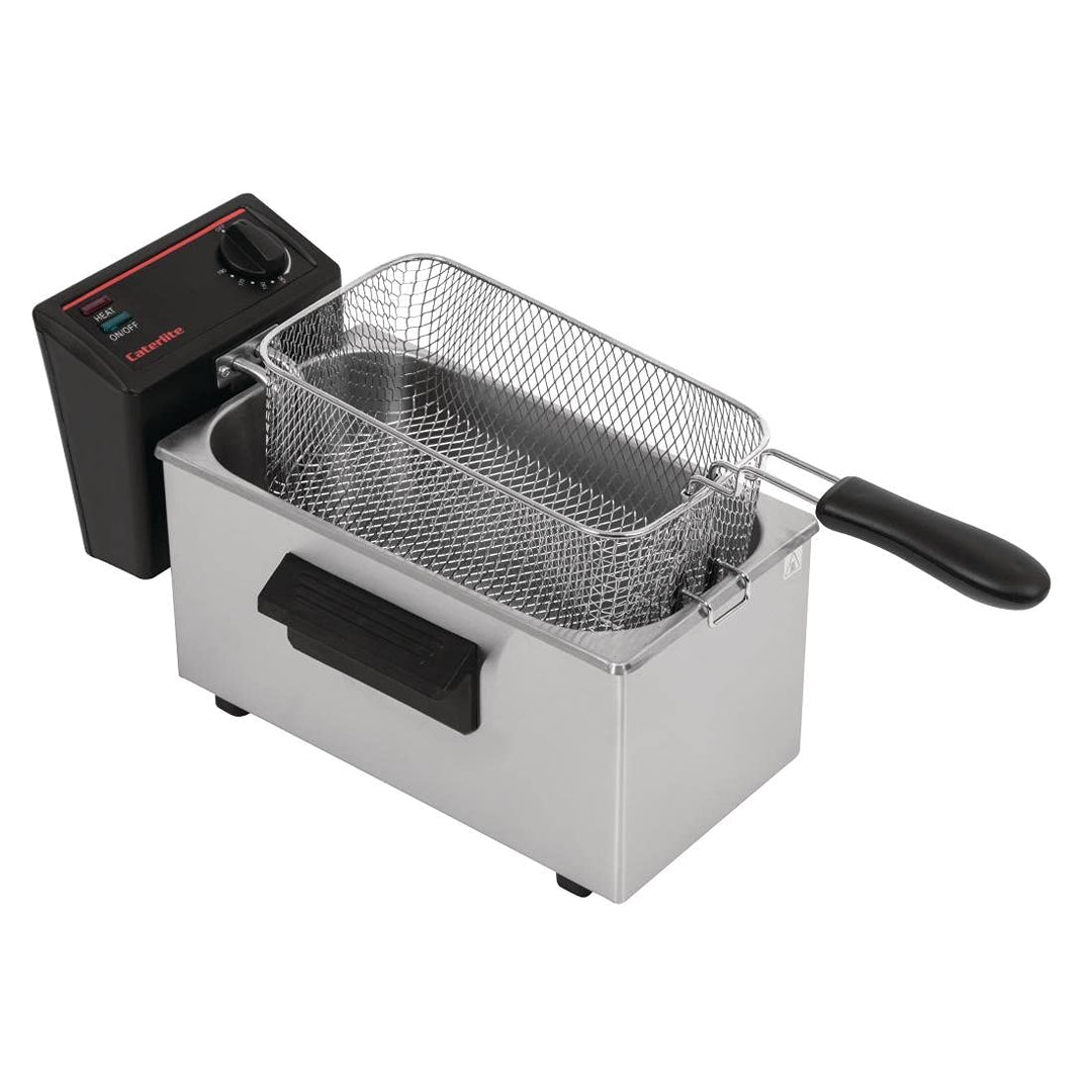 Caterlite 2kW-Edelstahl-Einzelbehälter-Elektrofritteuse 3,5 Liter, inkl. Deckel, Temperaturbereich 1