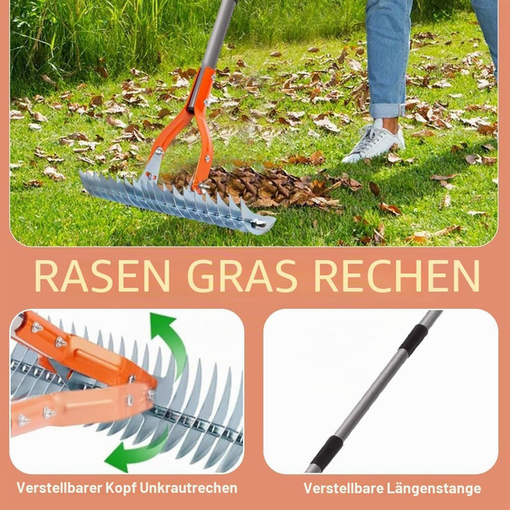 RANJIMA Vertikutierer Rechen mit Stiel, Verstellbarer Vertikutierrechen Hand Rechen Stahl-Metallrech