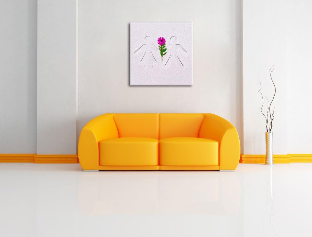 Pixxprint Strichmännchen mit Blume schwarz/weiss als Leinwandbild/Grösse: 70x70 cm/Wandbild/Kunstdru