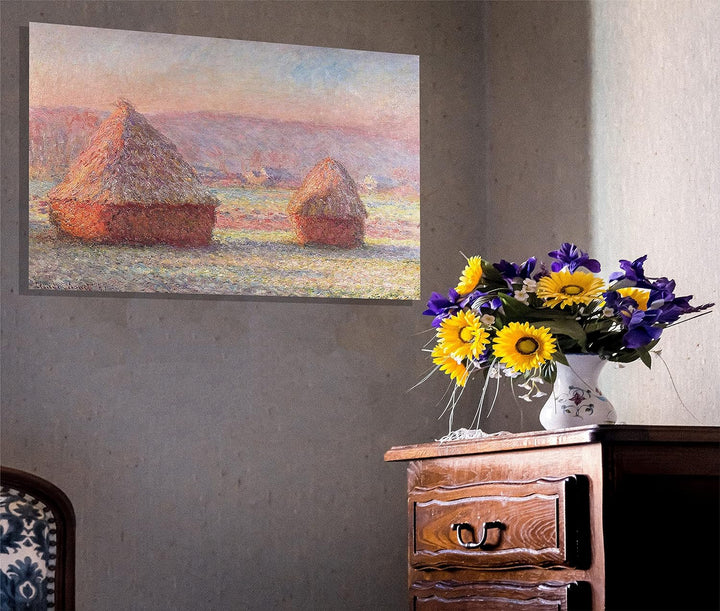 Claude Monet Leinwanddruck, Motiv Grainstacks, weisser Frost-Effekt, gespannt, gerahmt, Wandkunst, P