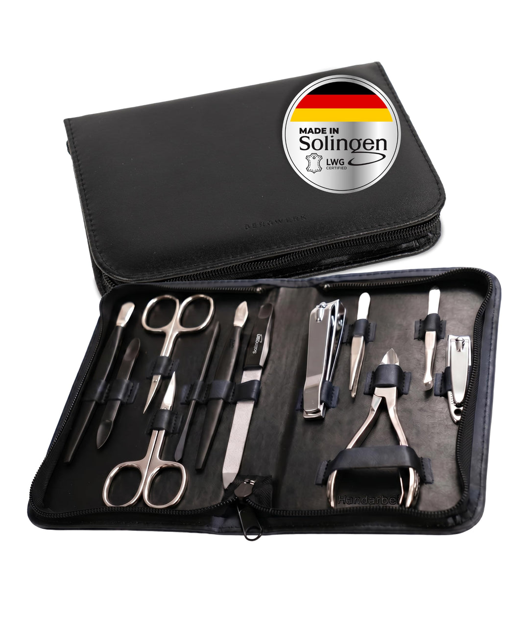 Solingen Reissverschlussetui Schwarz 12-teilig – Maniküre Set aus LWG Leder, präzise Nagelpflege – f
