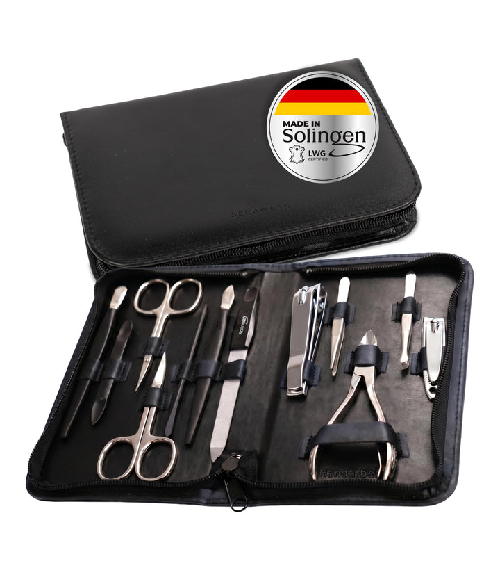 Solingen Reissverschlussetui Schwarz 12-teilig – Maniküre Set aus LWG Leder, präzise Nagelpflege – f