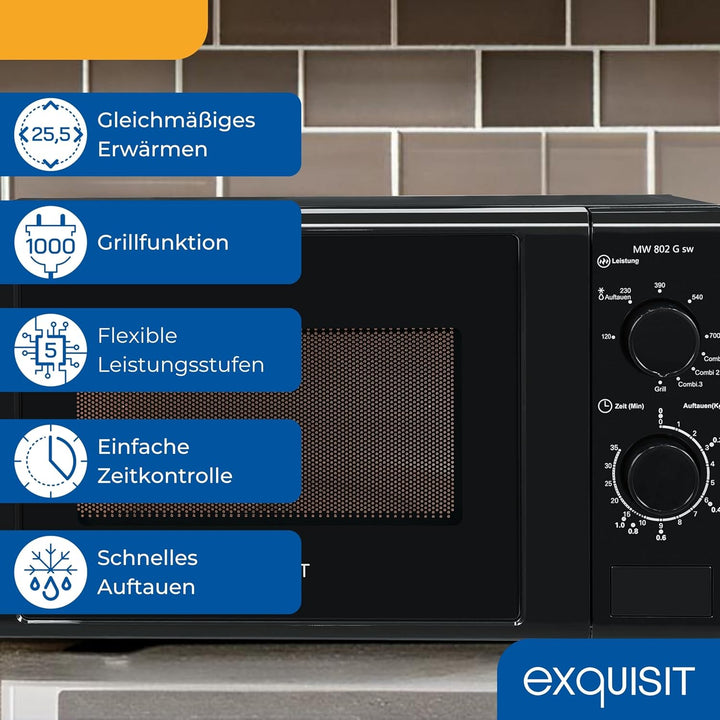 Exquisit Mikrowelle 20L, 1000 Watt Grill, 700 Watt, 25,5cm Drehteller, 5 Leistungsstufen, Timer, Auf