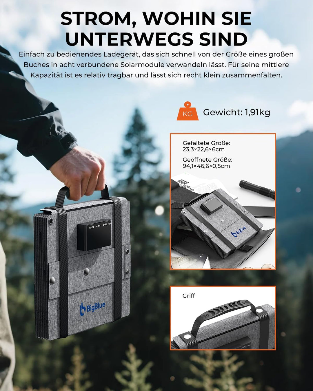 BigBlue 60W Faltbares Solarladegerät, Tragbares ETFE-Solarpanel QC3.0+PD45W+22,2V DC-Ausgang【IP68 Wa