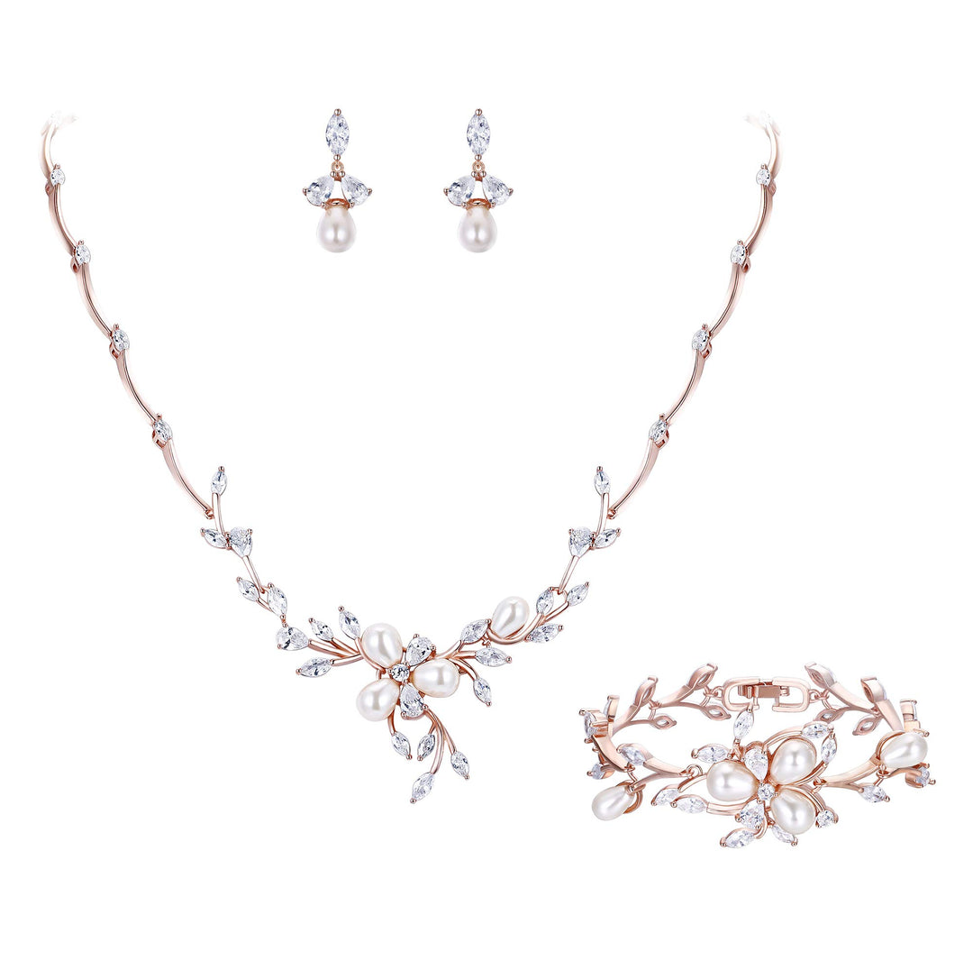 EVER FAITH Zirkon Simulierte Perle Blume Blatt Filigrane Halskette Ohrringe Armband Set Klar Klar Ro