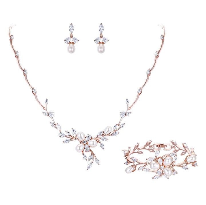 EVER FAITH Zirkon Simulierte Perle Blume Blatt Filigrane Halskette Ohrringe Armband Set Klar Klar Ro
