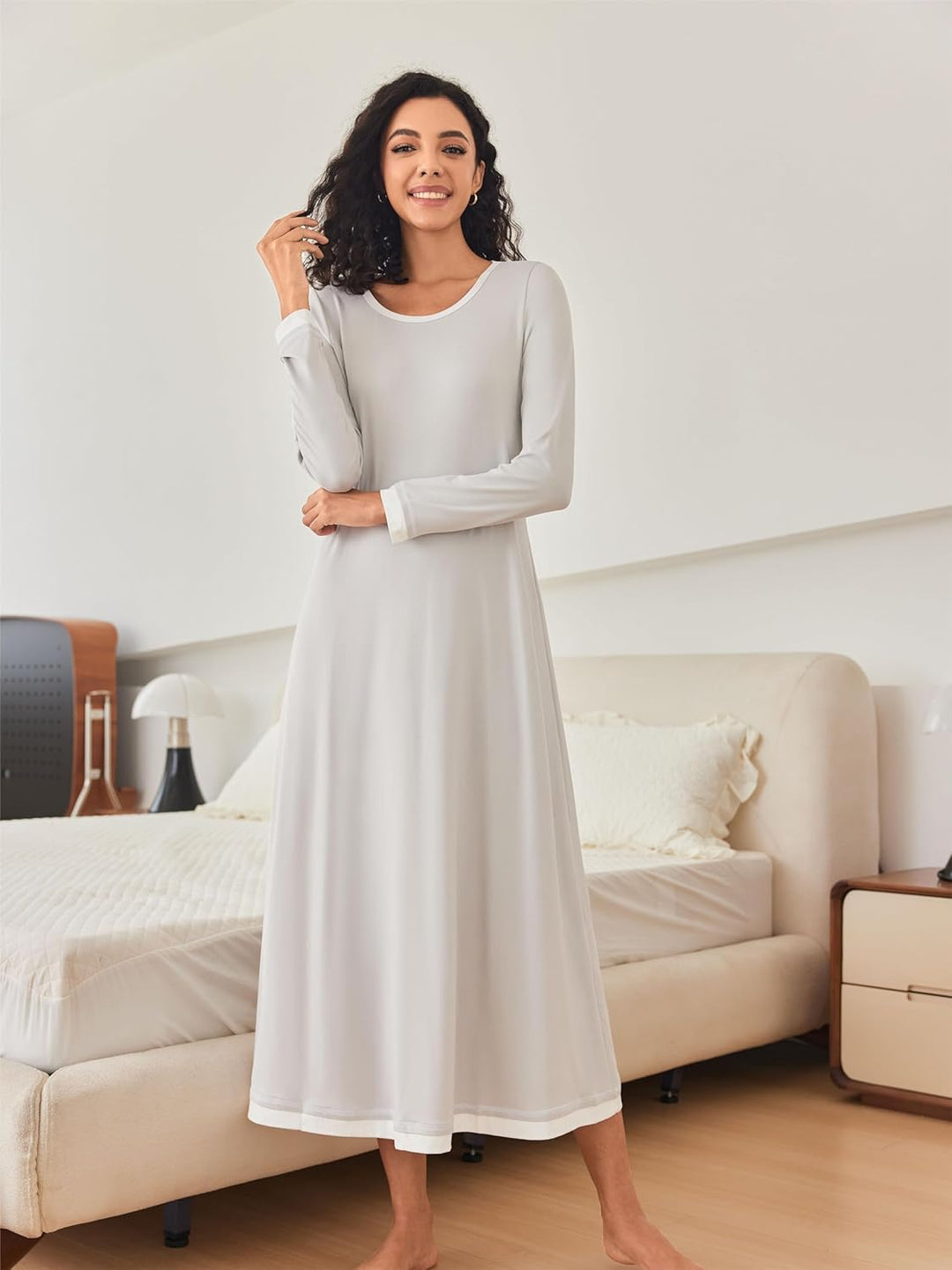 Ekouaer Damen Nachthemd Langarm Elegant Sleepshirt Weich Schlafkleid Lange Nachthemden Kontrastfarbe