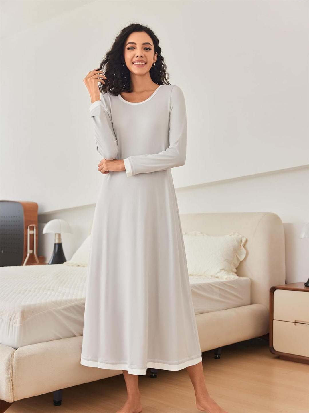 Ekouaer Damen Nachthemd Langarm Elegant Sleepshirt Weich Schlafkleid Lange Nachthemden Kontrastfarbe