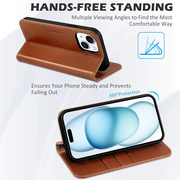 SHIELDON Hülle für iPhone 15, Lederhülle [Echtleder] [RFID Blocker] [Kartenfach] [Magnet] TPU Stossf