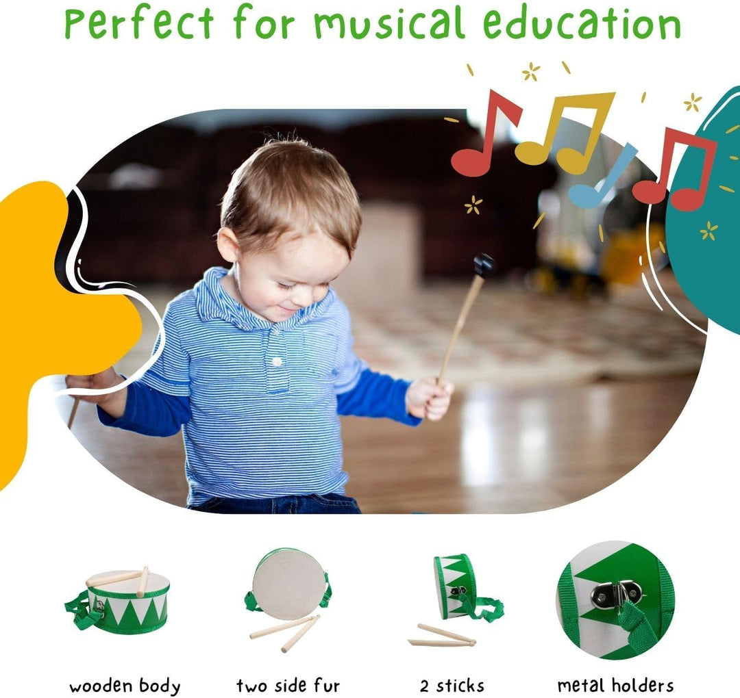 Trommel für Kinder grün-Weiss Musikinstrument aus Holz mit Trageriemen und Sticks D: 20 cm- 3845g