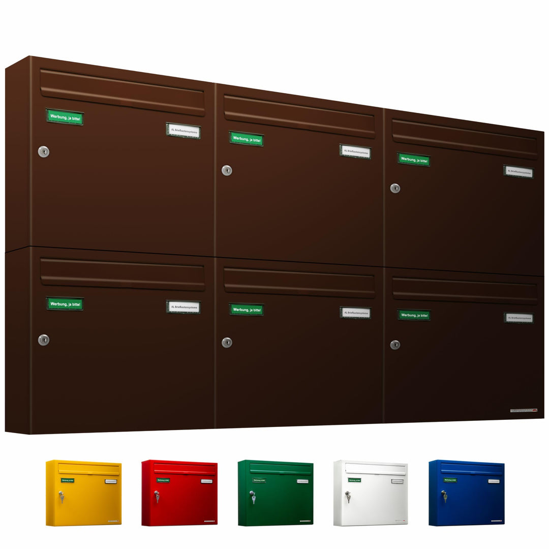 AL Briefkastensysteme Basic 6er Briefkasten RAL 8017 Schokoladen Braun 6 Fach DIN A4 wetterfest Brie