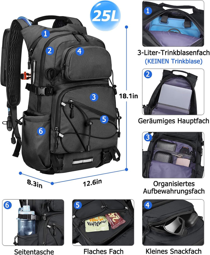 Wanderrucksack Herren Damen 25L Leicht Wasserdichter Rucksack Schwarz, Schwarz