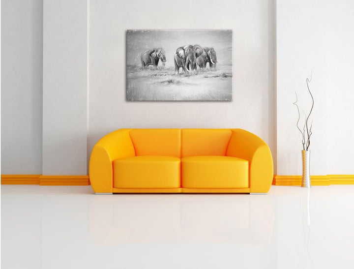 Pixxprint Afrikanische Elefanten in Südafrika Kunst Kohle Effekt, Format: 100x70 auf Leinwand, XXL r